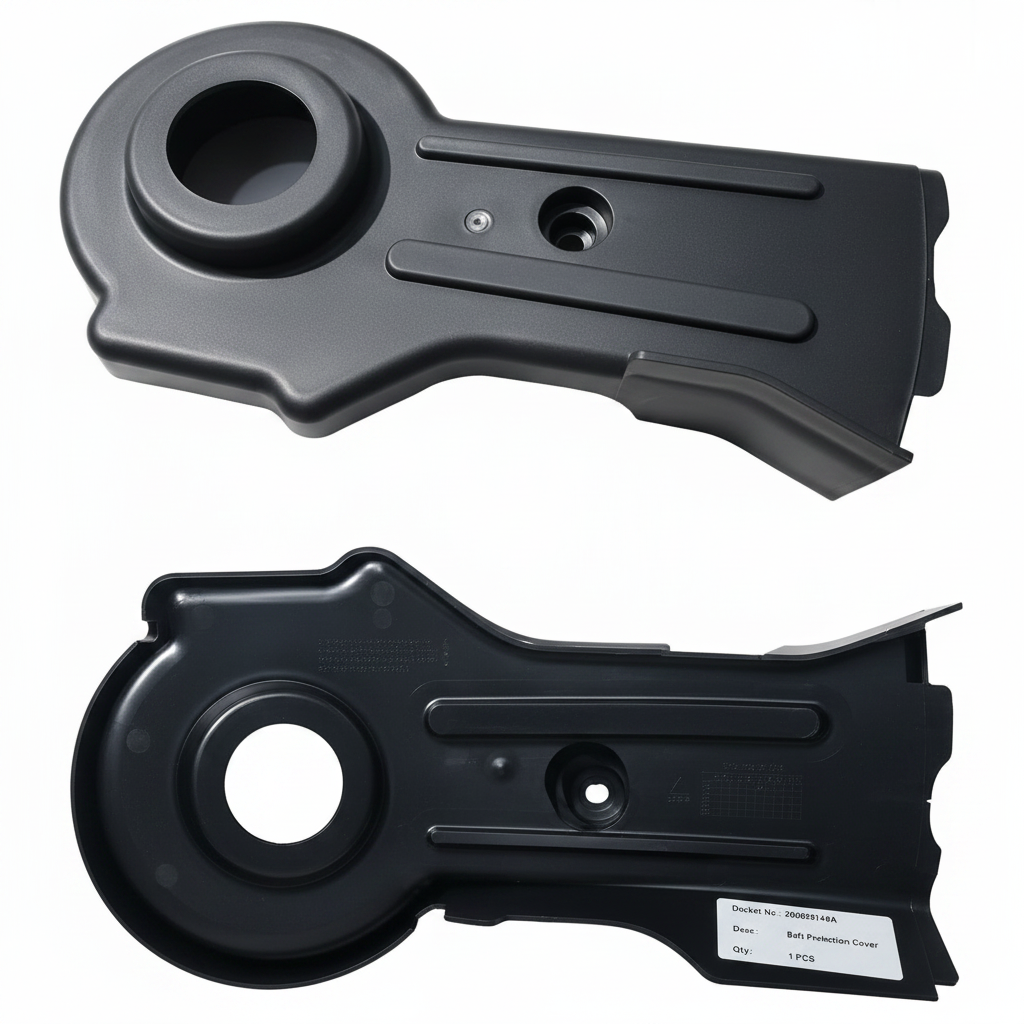 Two views of a black plastic component on a beige surface