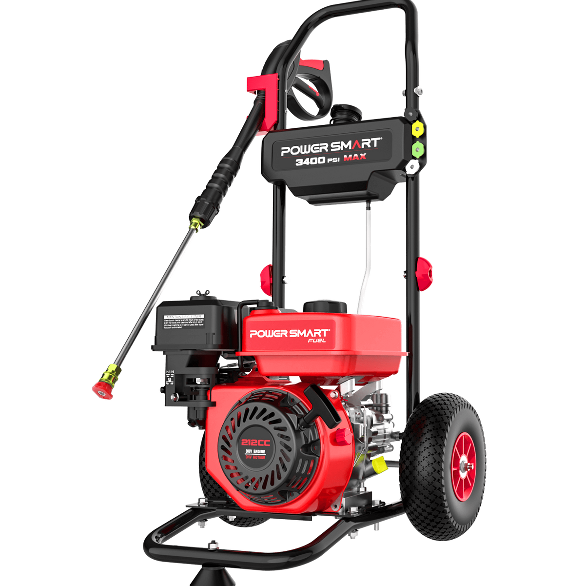 Red and black pressure washer with 'Power Smart' branding on a black background
