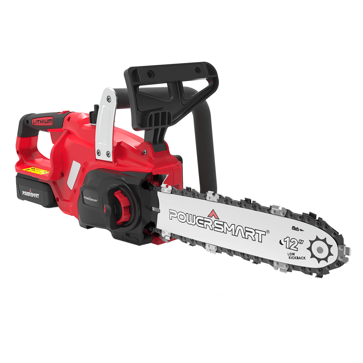 Red and black chainsaw with 'PowerSmart' branding on a white background