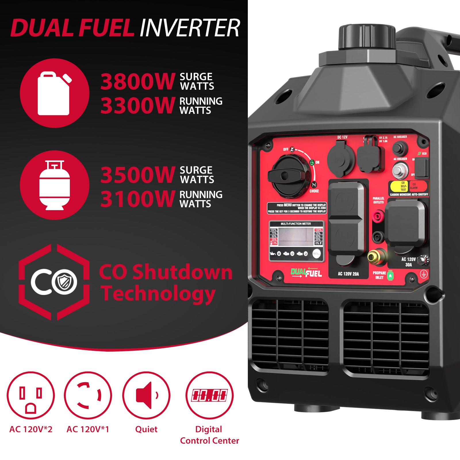 3800W Gas/Propane Dual Fuel Inverter Generator w/ CO Alert HB5040DC