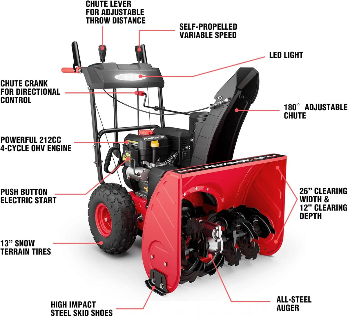 26'' 252cc Two Stage Self-Propelled Gas Snow Blower w/ Electric Start