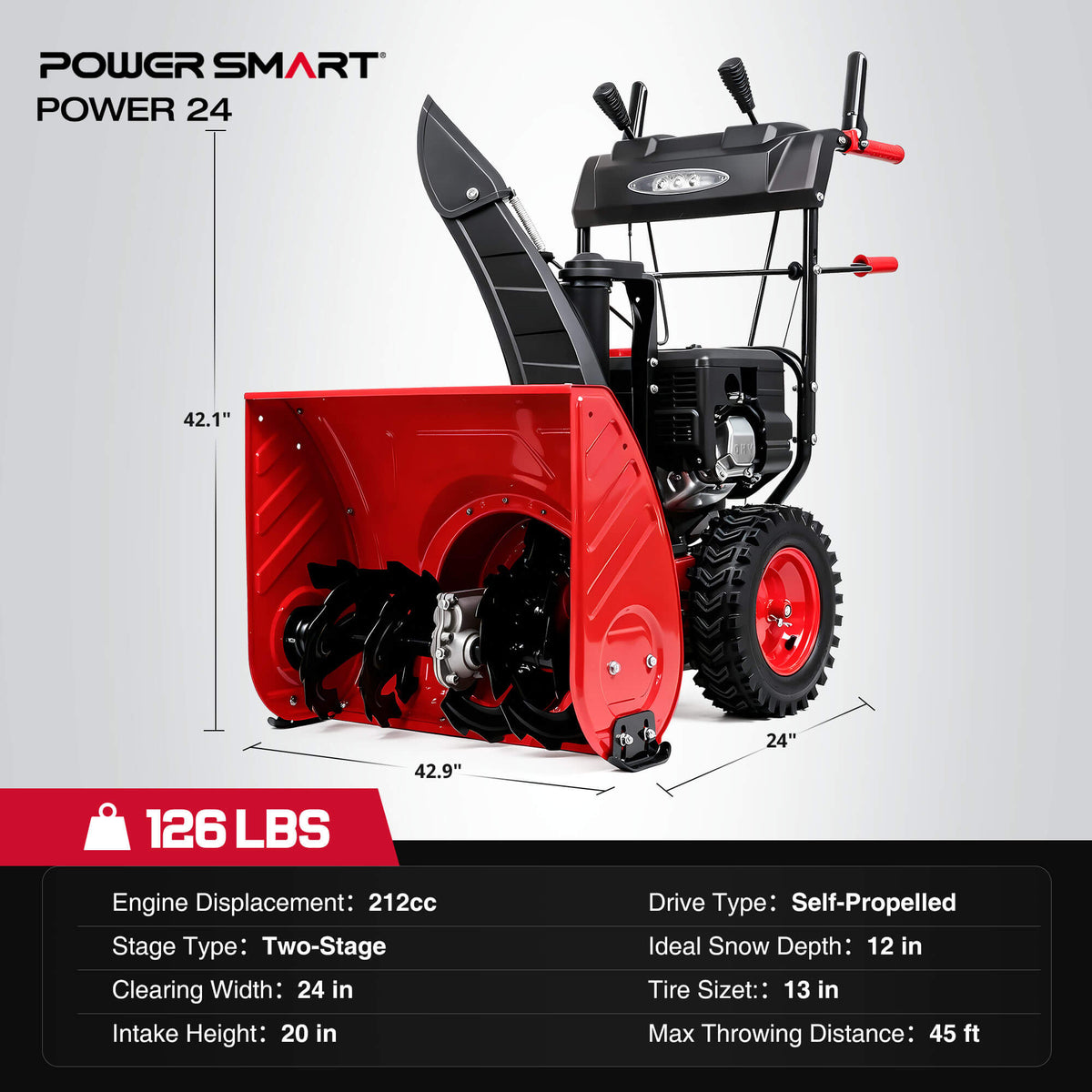 24'' 212cc Two Stage Self-Propelled Gas Snow Blower w/ Electric Start