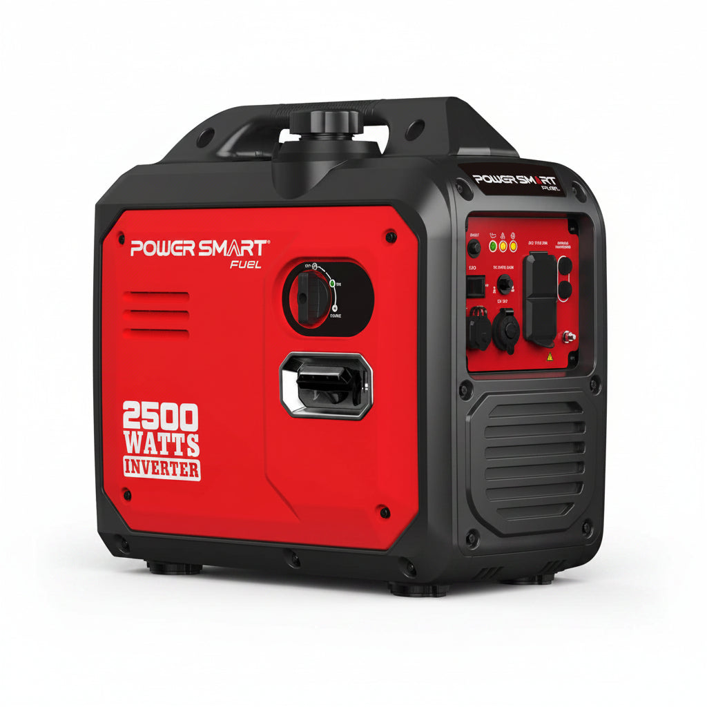 Red and black Power Smart generator on a white background