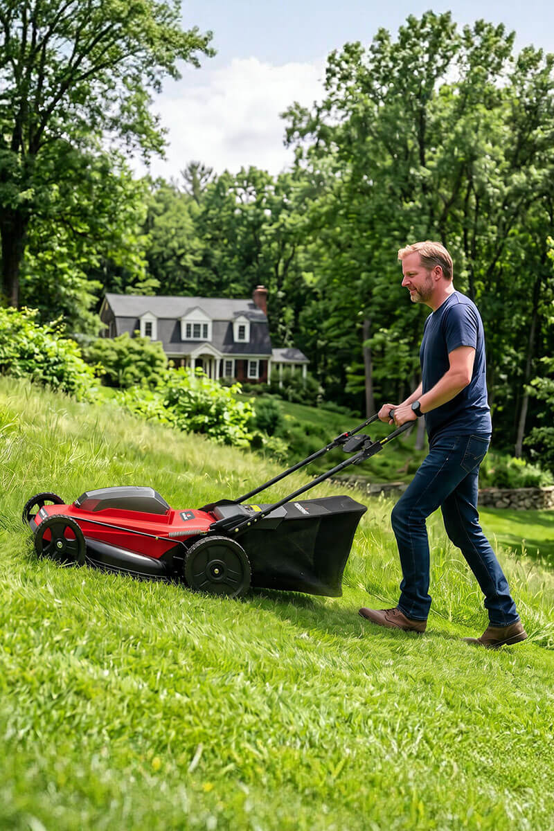 Man mowing a lawn with a red lawnmower in a residential area.