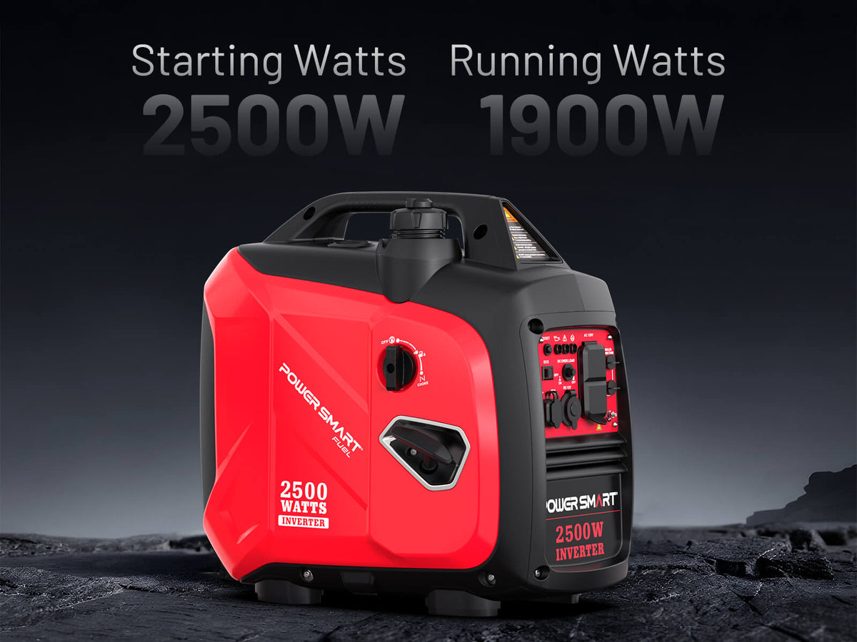 Red and black portable power station with specifications on a dark background