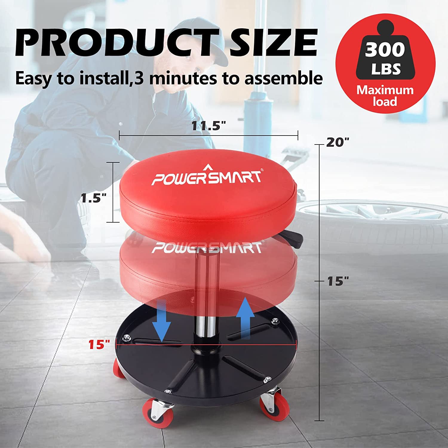 300 lb Rolling Mechanic Stool w/ Wheels, Garage & Shop Seat PS1101